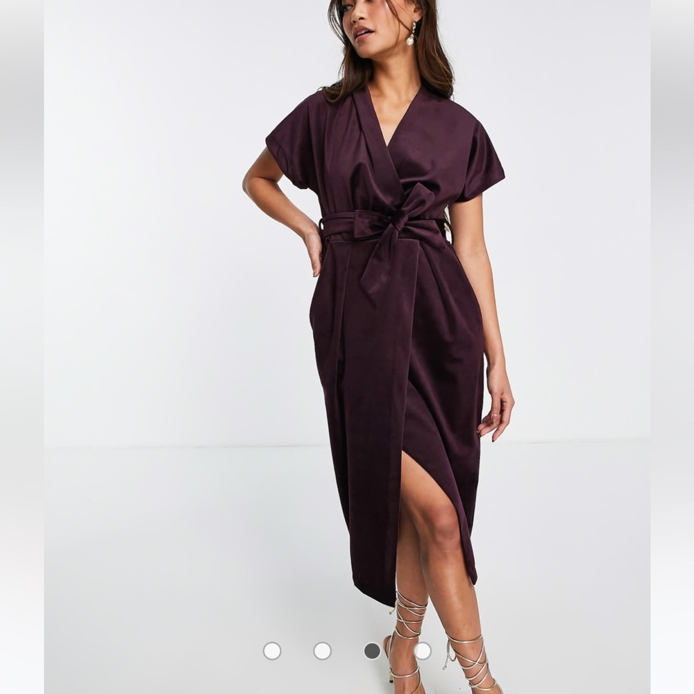 Closet London kimono sleeve velvet midi dress with wrap tie in plum size M